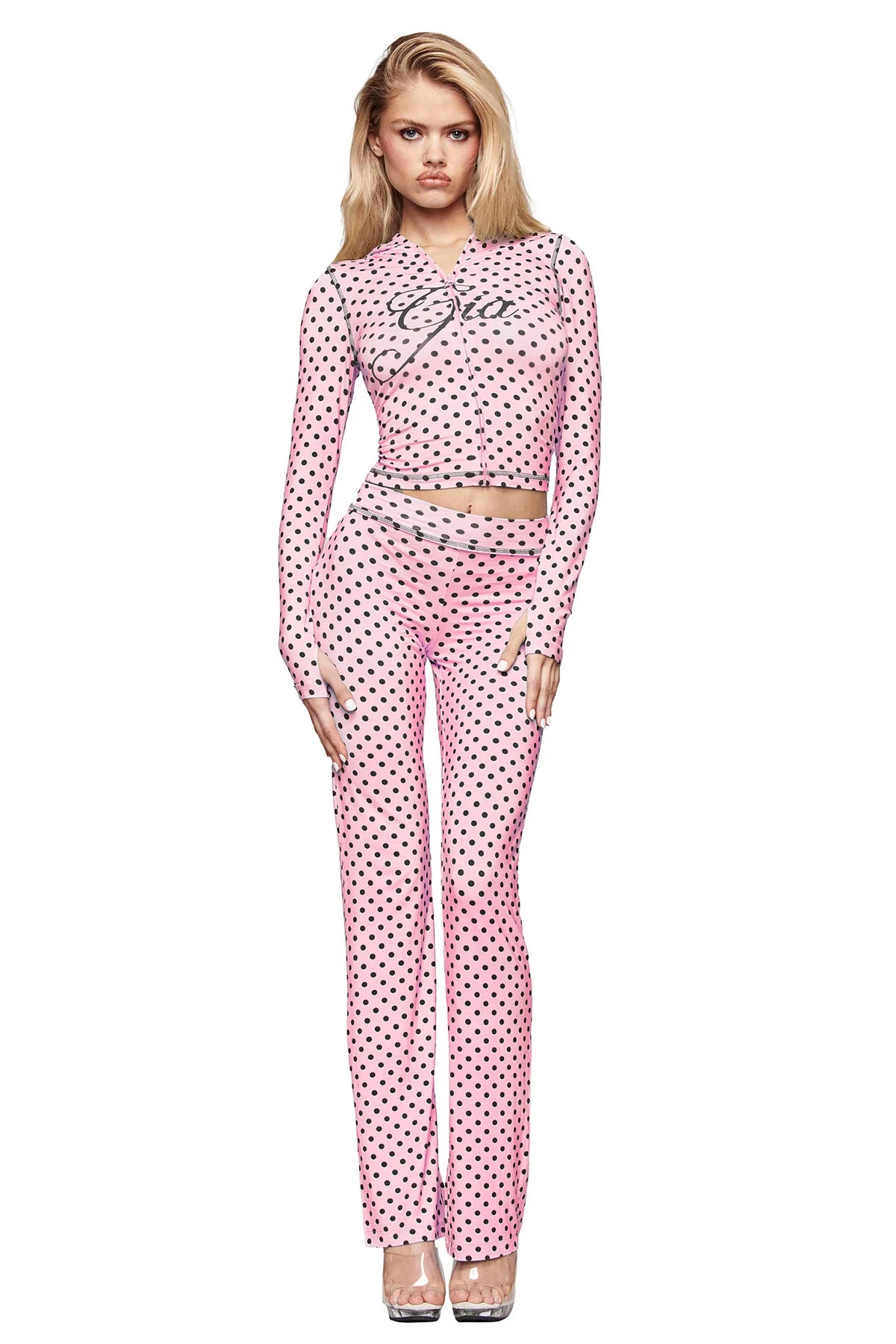 I AM GIA Long Sleeve Zip Hoodie Top - Pink Polka Dot