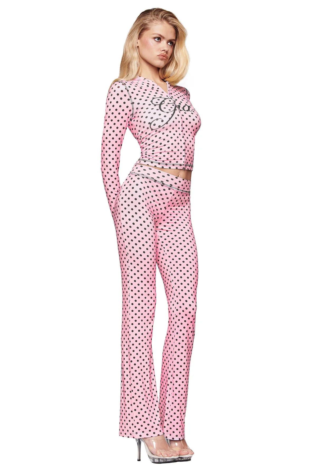 I AM GIA Long Sleeve Zip Hoodie Top - Pink Polka Dot